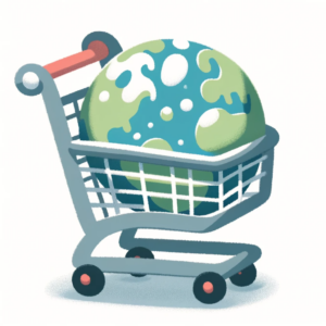 Cartoon shopping cart with earth inside of it